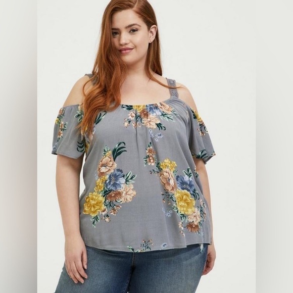 Torrid Plus Size Gauze Cold Shoulder Floral Print Top Size 2 - Picture 1 of 17